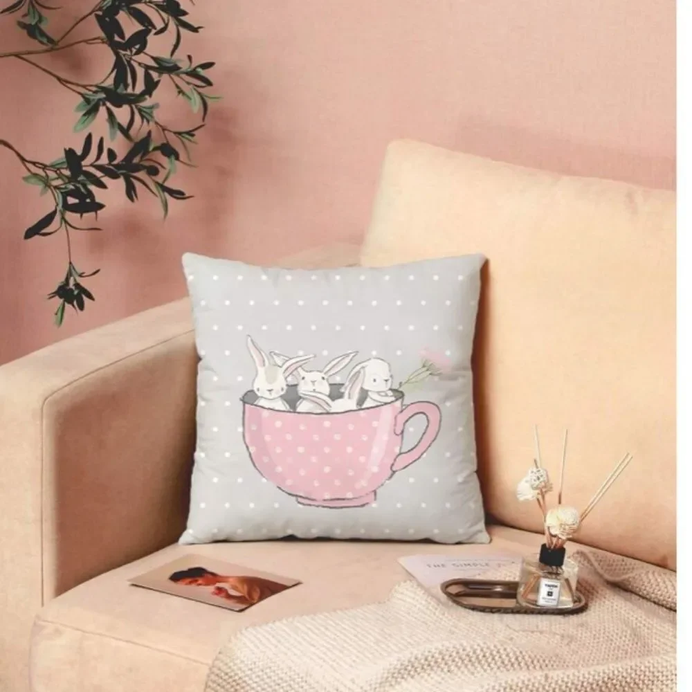 Cartoon Rabbits in Teacup Pillow Cover